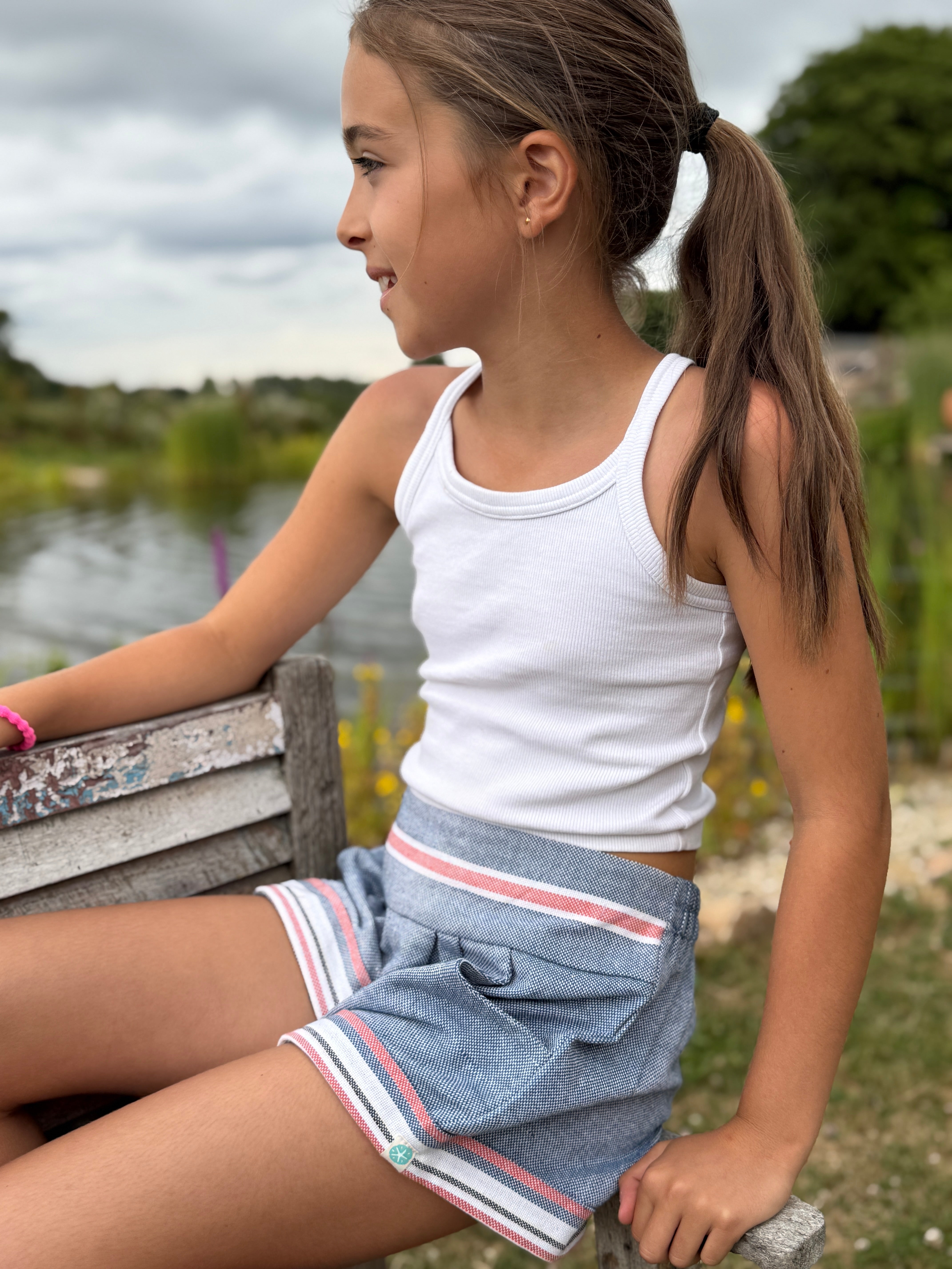 Girls Kikoy Flat Front shorts - Navy Red Stripe