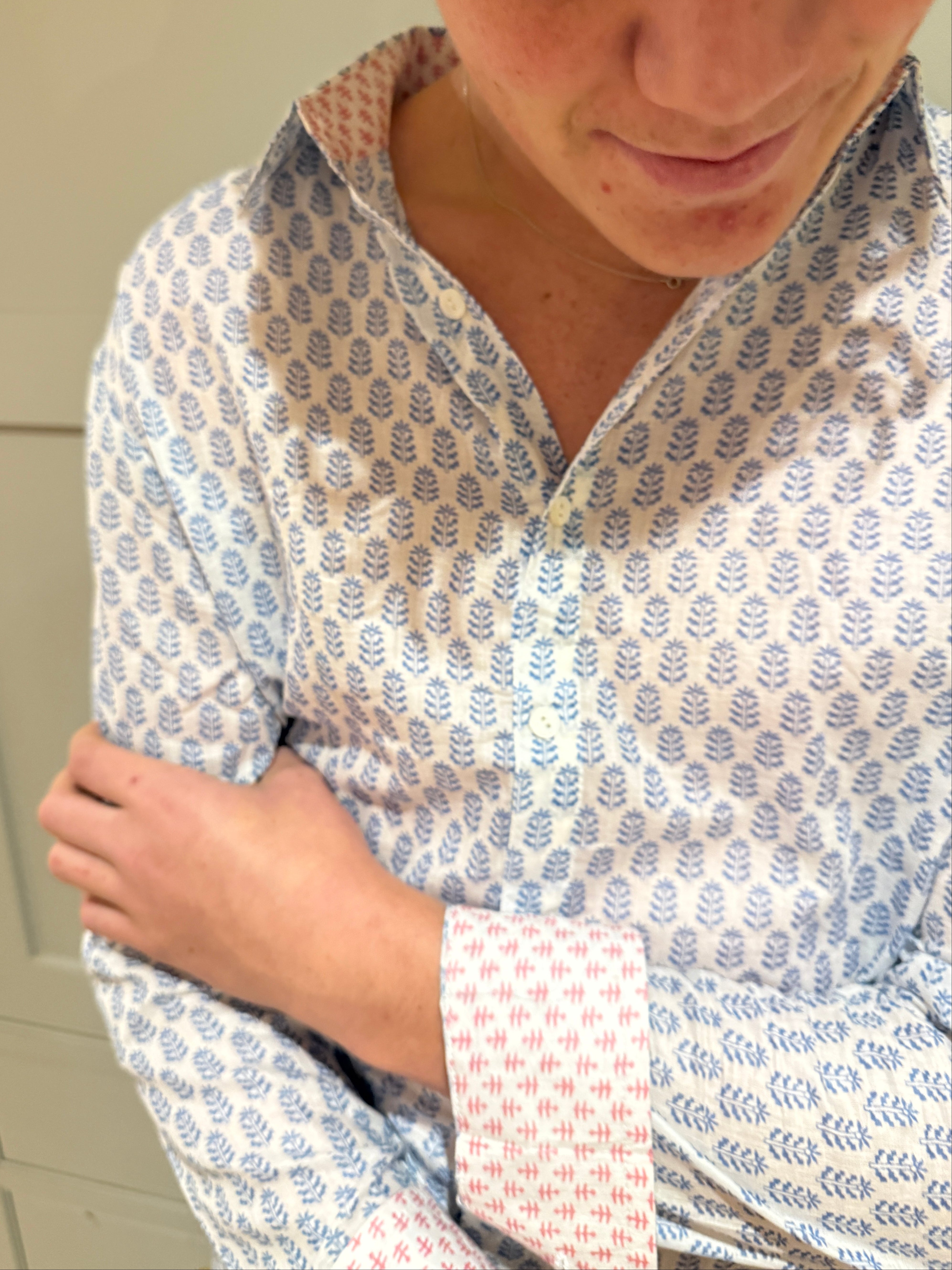 Classic Summer Shirt - white with pale blue fern