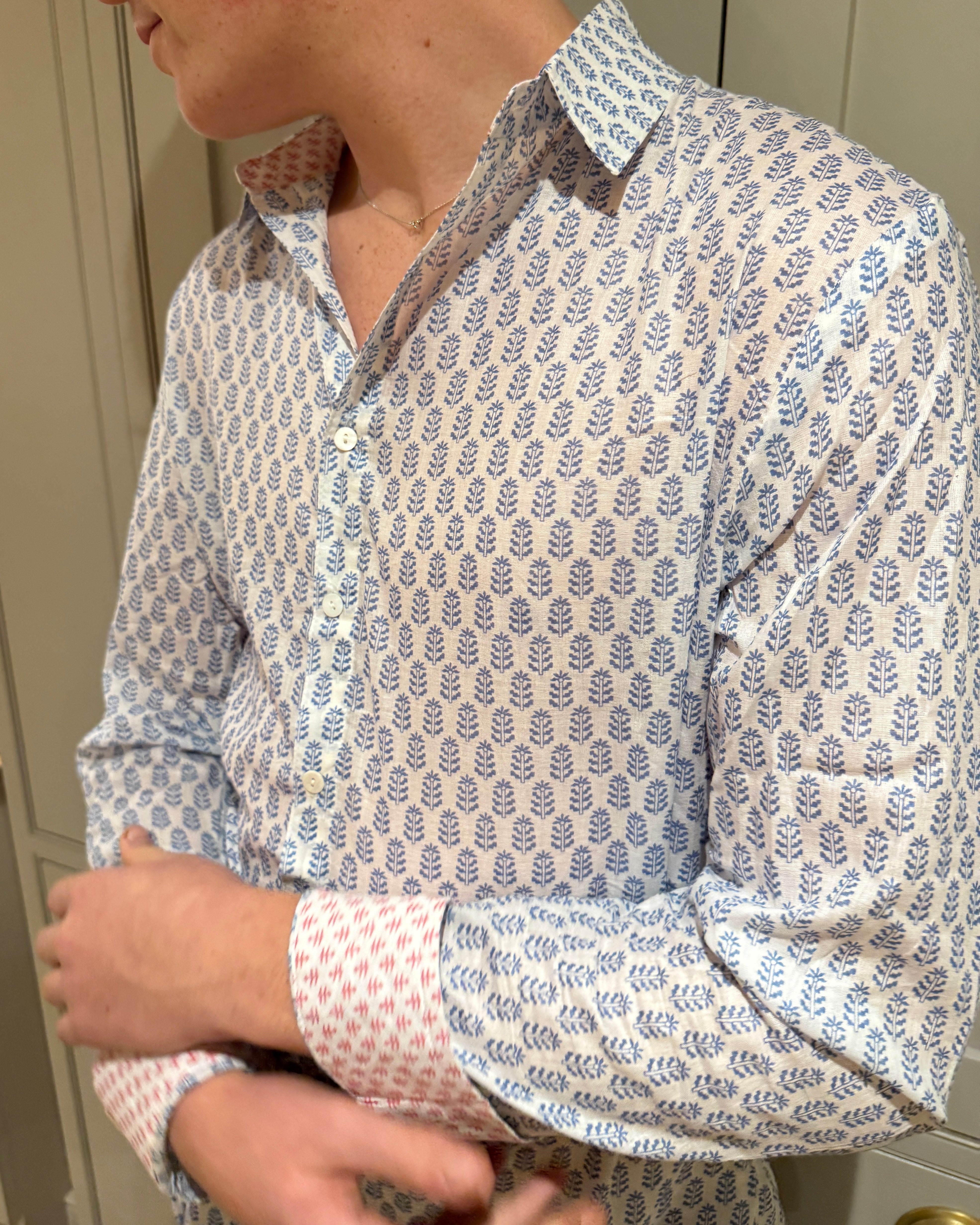 Classic Summer Shirt - white with pale blue fern