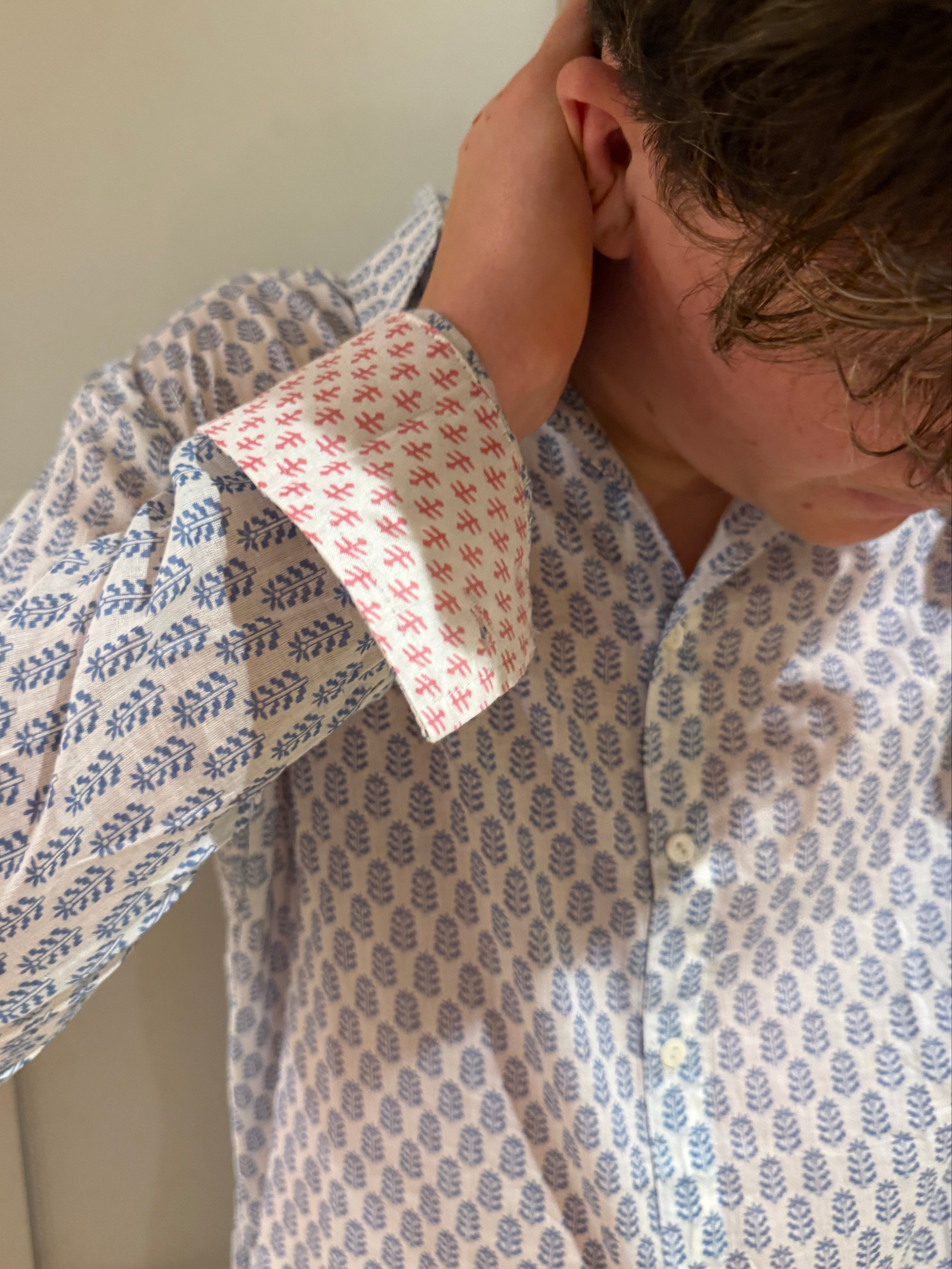 Classic Summer Shirt - white with pale blue fern