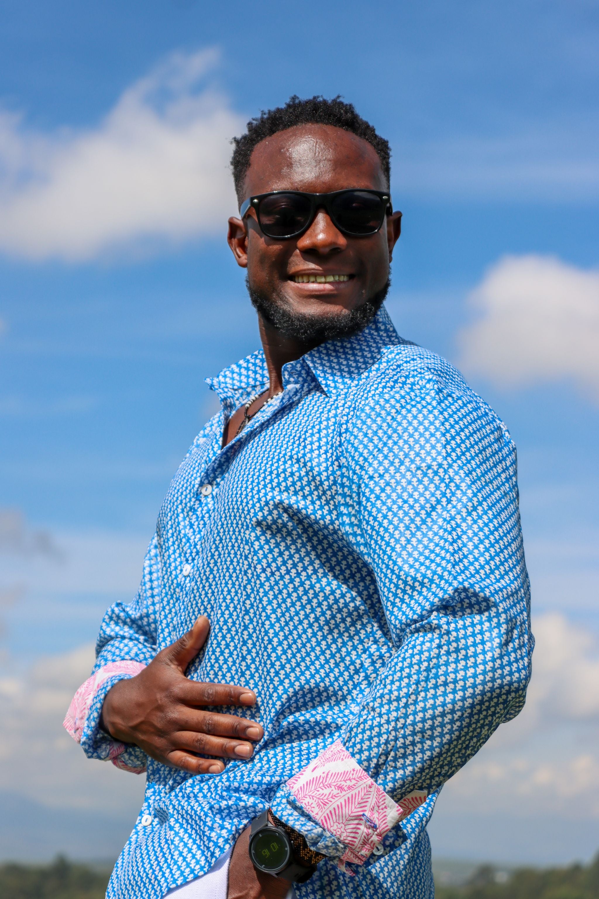 Classic Summer Shirt - Ionian blue with pink cuffs