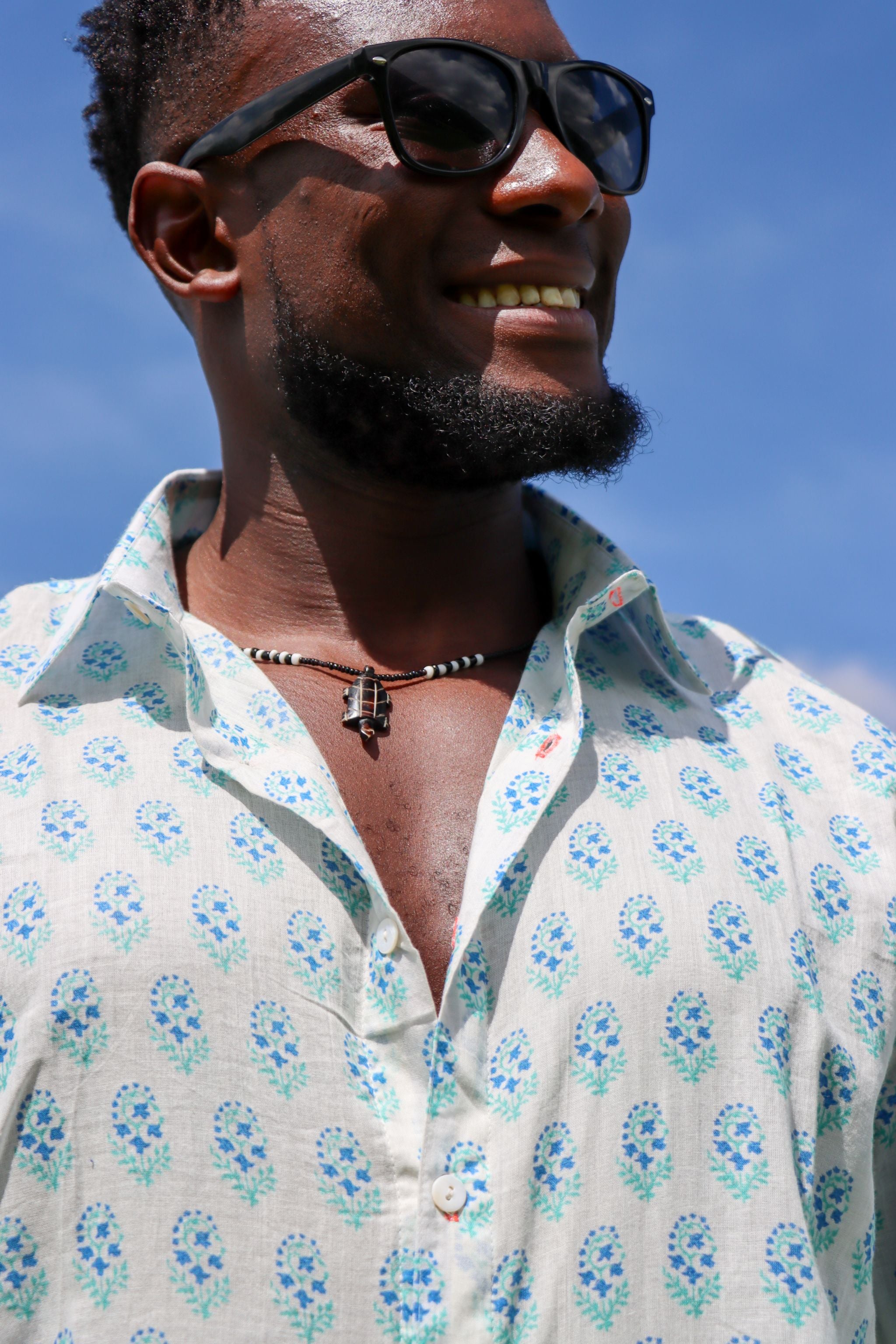 Classic Summer Shirt - forget-me-not blue with orange button holes