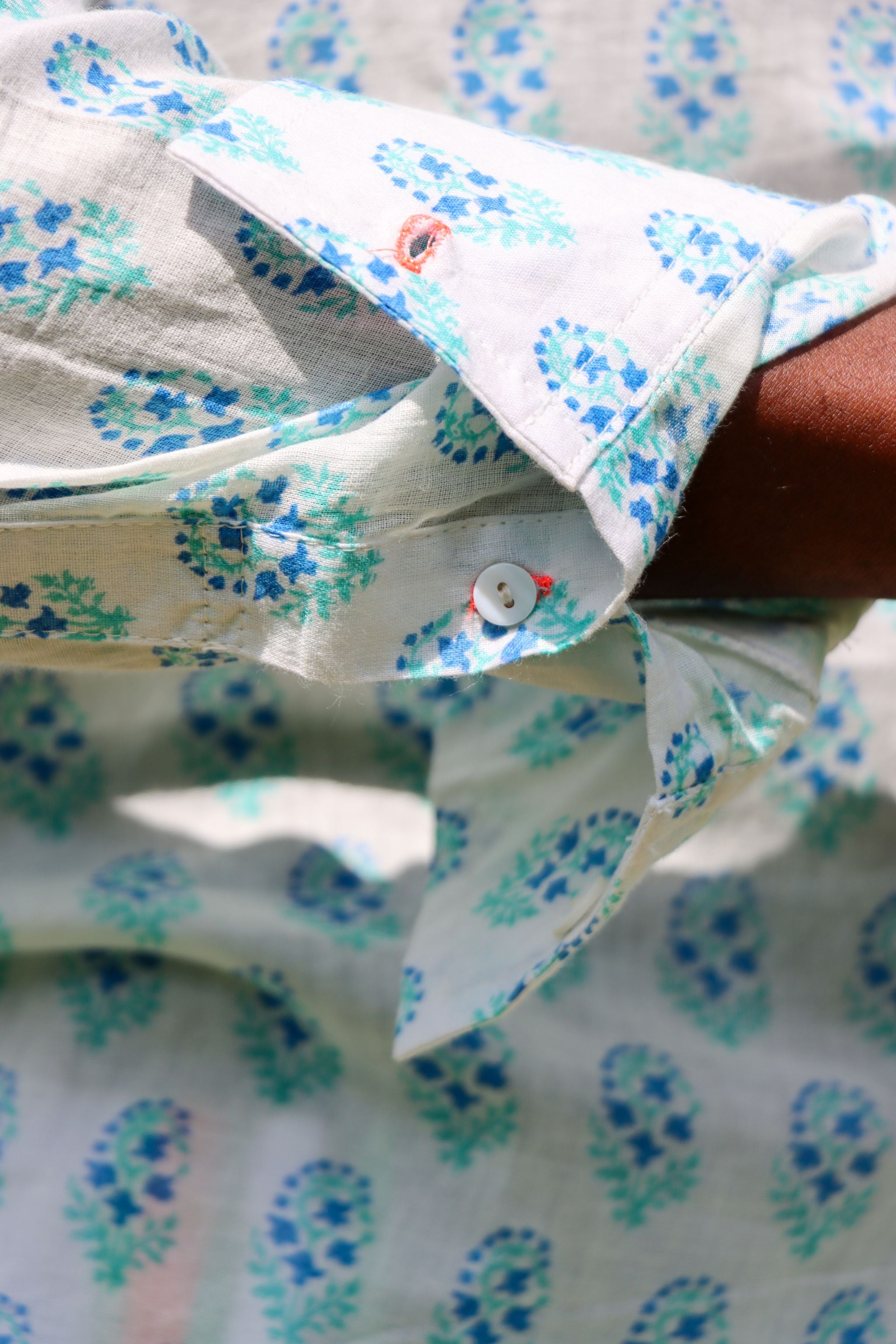 Classic Summer Shirt - forget-me-not blue with orange button holes